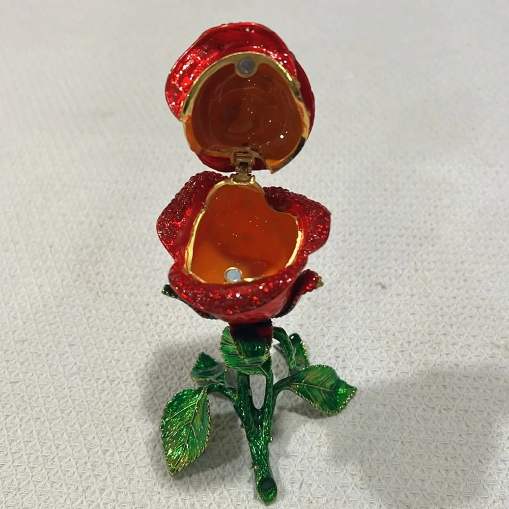 Elegant Red and Green Metal faberge style Rose , secret jewelry storage, NWB